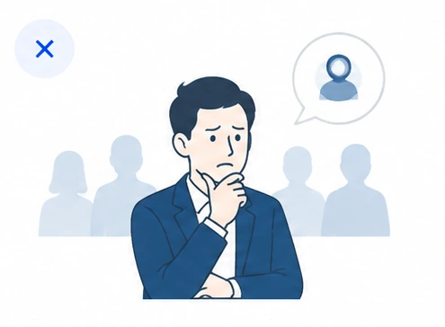担当者ひとりが思案し、その背後に社内のメンバーがぼんやりと並んでいるイラスト。勝ちパターンが個人の中に閉じている状態を表している