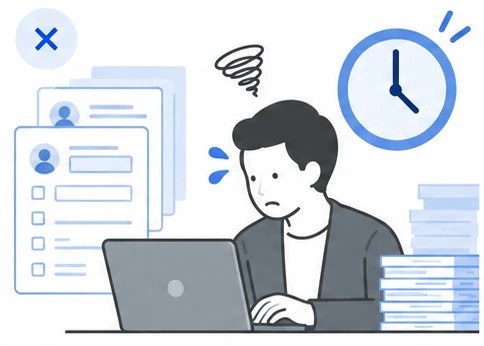 時計と積み上がった書類に囲まれ、担当者がノートPCで報告を入力しているイラスト。報告作業に時間を取られている状態を表している